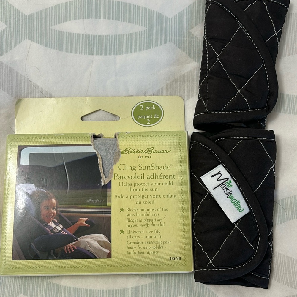 Car seat comfort straps and Cling Sun Shade